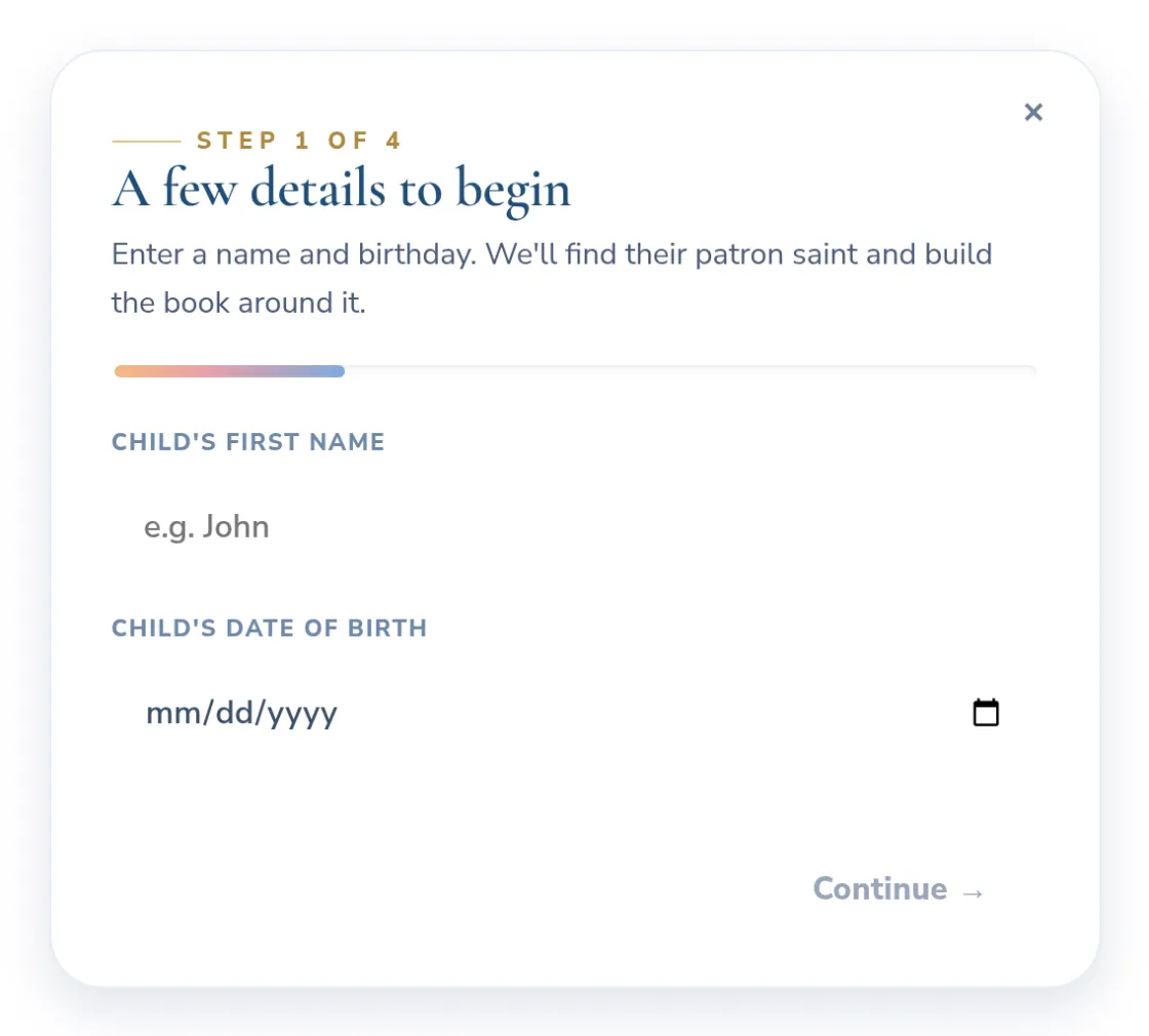 The checkout screen where you enter your child's first name and date of birth