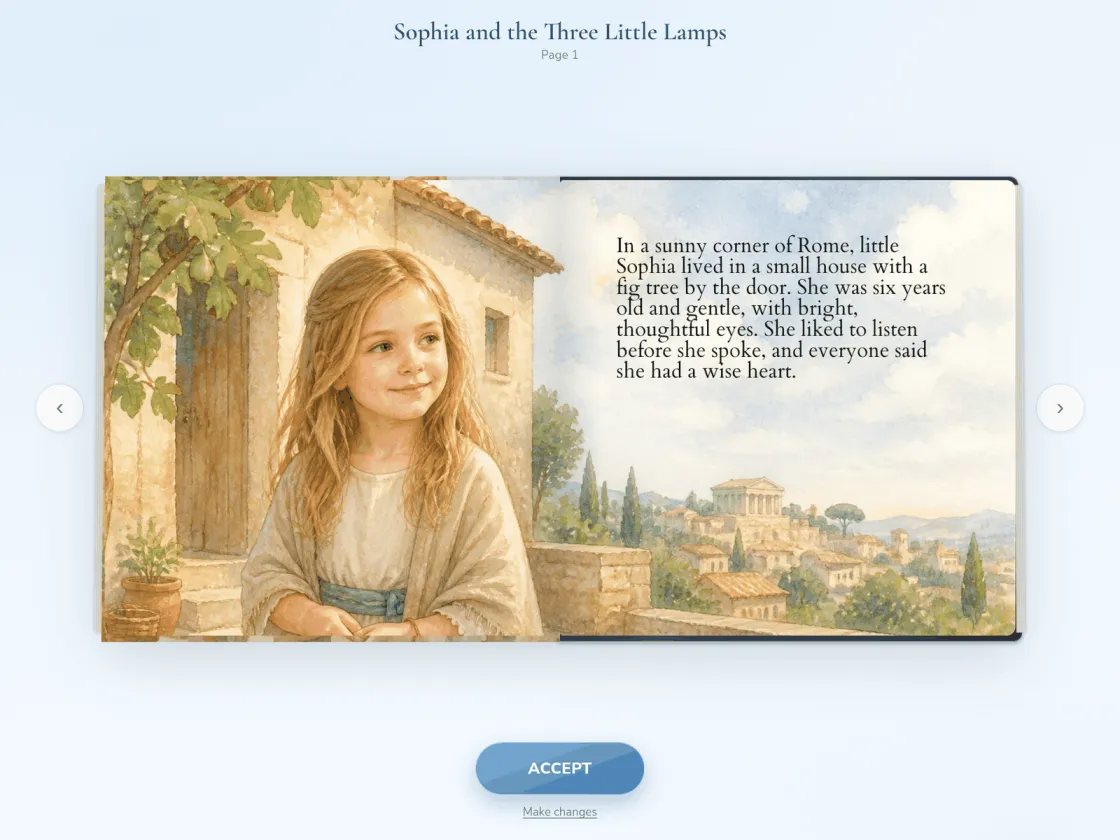 The Approve page: your finished book open at page one, with one button to accept it